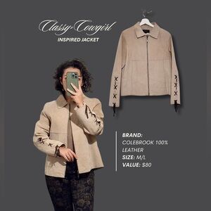 Classy Cowgirl Beige Leather Jacket with Lace-Up Sleeves